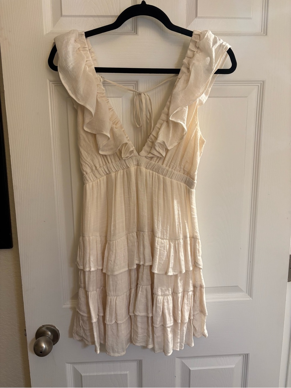 HYFVE Cream Ruffle Tiered V-Neck Mini Dress